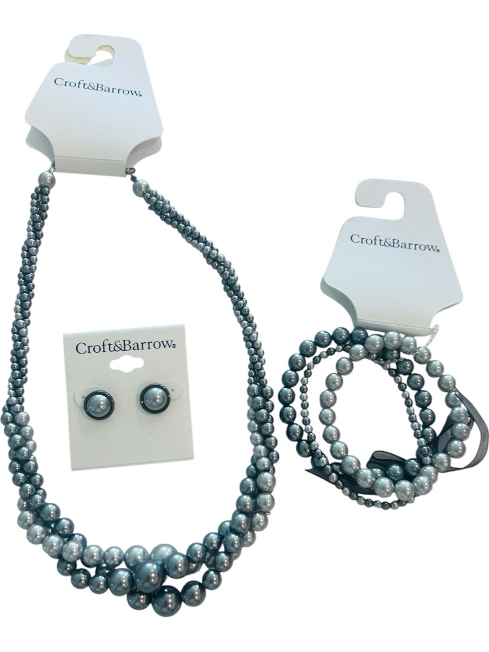 Croft & Barrow Gray Faux Pearl Jewelry Set Necklace Bracelet Earrings NWT